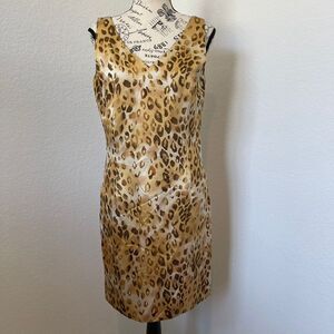 Blushe‎ Impressions Cocktail Dress Gold Brown Leopard Print 100% Silk Size 4
